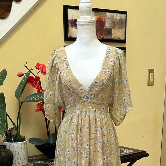 Storia Clarity Tiered Ruffle Floral Cottage Core Washed Yellow Maxi Dress Med - Picture 4 of 16